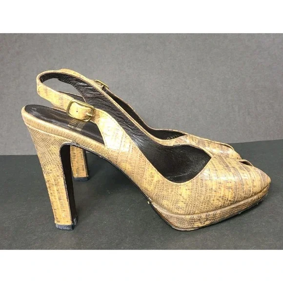 Stuart Weitzman Tan Textured Leather Slingback Peep Toe Heels Size 8W EUC - Picture 4 of 8